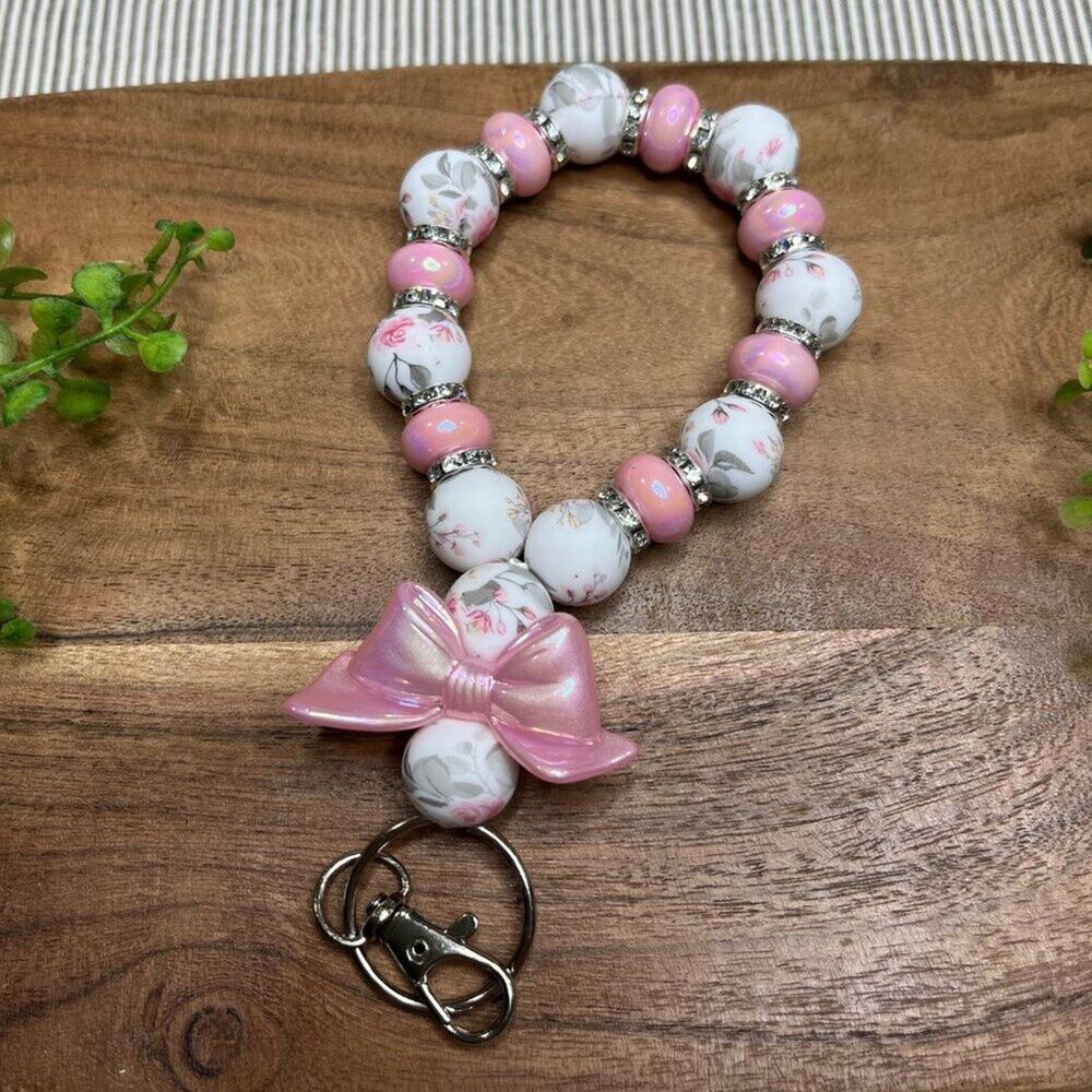 Vintage Floral Beaded Wristlet Keychain – Pink Bow Charm, Elegant Gift for Her